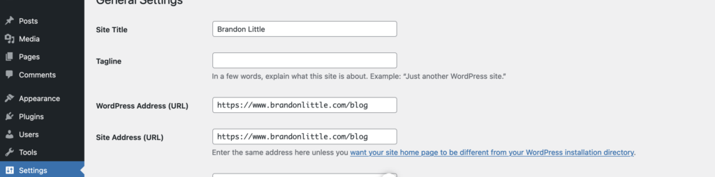 Screen capture of WordPress settings